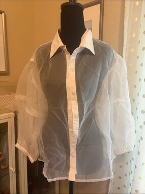 Sheer White Button-Front Puff Sleeve Shirt